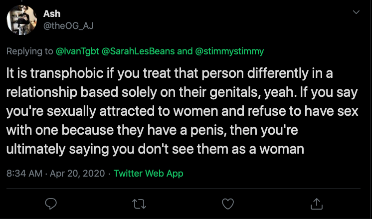 Riley J, Genital Preferences are Transphobic, Dennis. https://www.youtube.com/watch?time_continue=1&v=k5GYlZKfBmI&feature=emb_logo