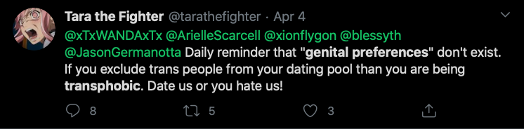 Riley J, Genital Preferences are Transphobic, Dennis. https://www.youtube.com/watch?time_continue=1&v=k5GYlZKfBmI&feature=emb_logo