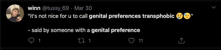 Riley J, Genital Preferences are Transphobic, Dennis. https://www.youtube.com/watch?time_continue=1&v=k5GYlZKfBmI&feature=emb_logo