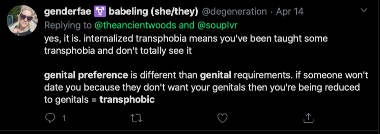 Riley J, Genital Preferences are Transphobic, Dennis. https://www.youtube.com/watch?time_continue=1&v=k5GYlZKfBmI&feature=emb_logo