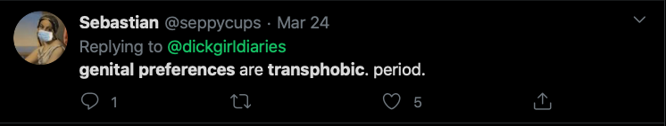 Riley J, Genital Preferences are Transphobic, Dennis. https://www.youtube.com/watch?time_continue=1&v=k5GYlZKfBmI&feature=emb_logo