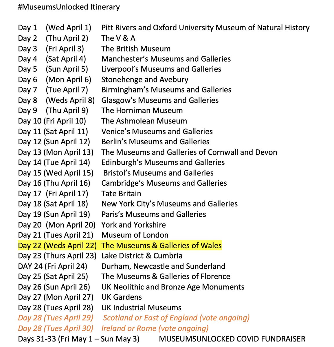 Here's a reminder of our itinerary for  #MuseumsUnlocked