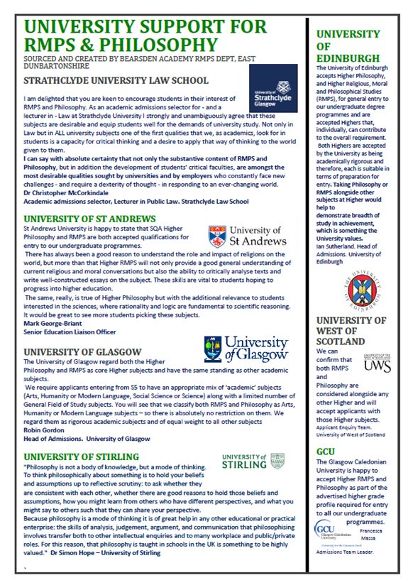 PerthRmps's tweet photo. Phenomenal support from Scottish universities for RMPS and Philosophy as rigorous, valuable and sought after academic subjects. Many thanks to @Bearsden_RMPS for putting this together. https://t.co/9s0qtitA6Q