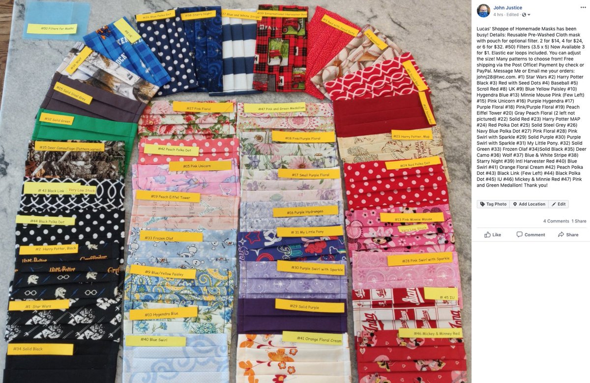 EyewearMan's tweet image. My 11 year old son and my wife are making Homemade Masks that have 3 layers of protection as well as an optional filter pouch! Free shipping in the USA.  Contact Me if interested! #PreWashed #MadeInUSA Pay by PayPal. email johnj28@twc.com.  Stay Safe