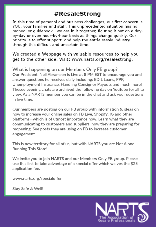 NARTS_Conf's tweet photo. NARTS is here to help the resale industry through this unprecedented time. https://t.co/1Z6DeuVadk