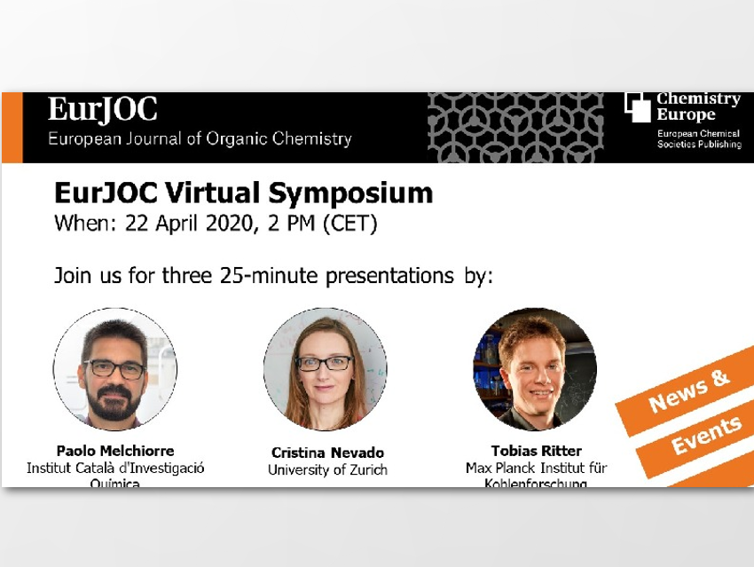 ChemistryViews's tweet photo. 2nd EurJOC Virtual Symposium

Talks by 
Paolo Melchiorre, ICIQ, Tarragona, 
Cristina Nevado, University of Zurich, and 
Tobias Ritter, MPI für Kohlenforschung 

22 April 2020 02:00 PM
https://t.co/Rc4lQIJ5FK https://t.co/xb6ovtkgX4