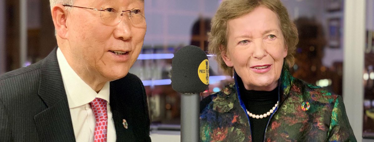 We were thrilled to have Mary Robinson, fmr President of Ireland, and Ban Ki-moon, fmr Sec. Gen. of the U.N., join  #PressTheButton. Both are now working with  @TheElders.We spoke with them about the setting of the  #DoomsdayClock back in January. https://www.ploughshares.org/issues-analysis/article/100-seconds-midnight