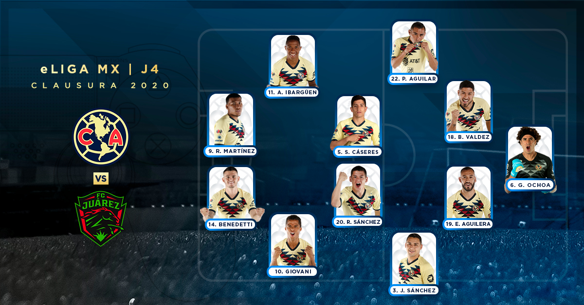 ClubAmerica's tweet photo. Nuestro 1️⃣1️⃣ inicial 🆚 F.C. Juárez

#SOMOSAMÉRICA 🦅 
#eLIGAMX 🎮 https://t.co/rmaQmk6cZD