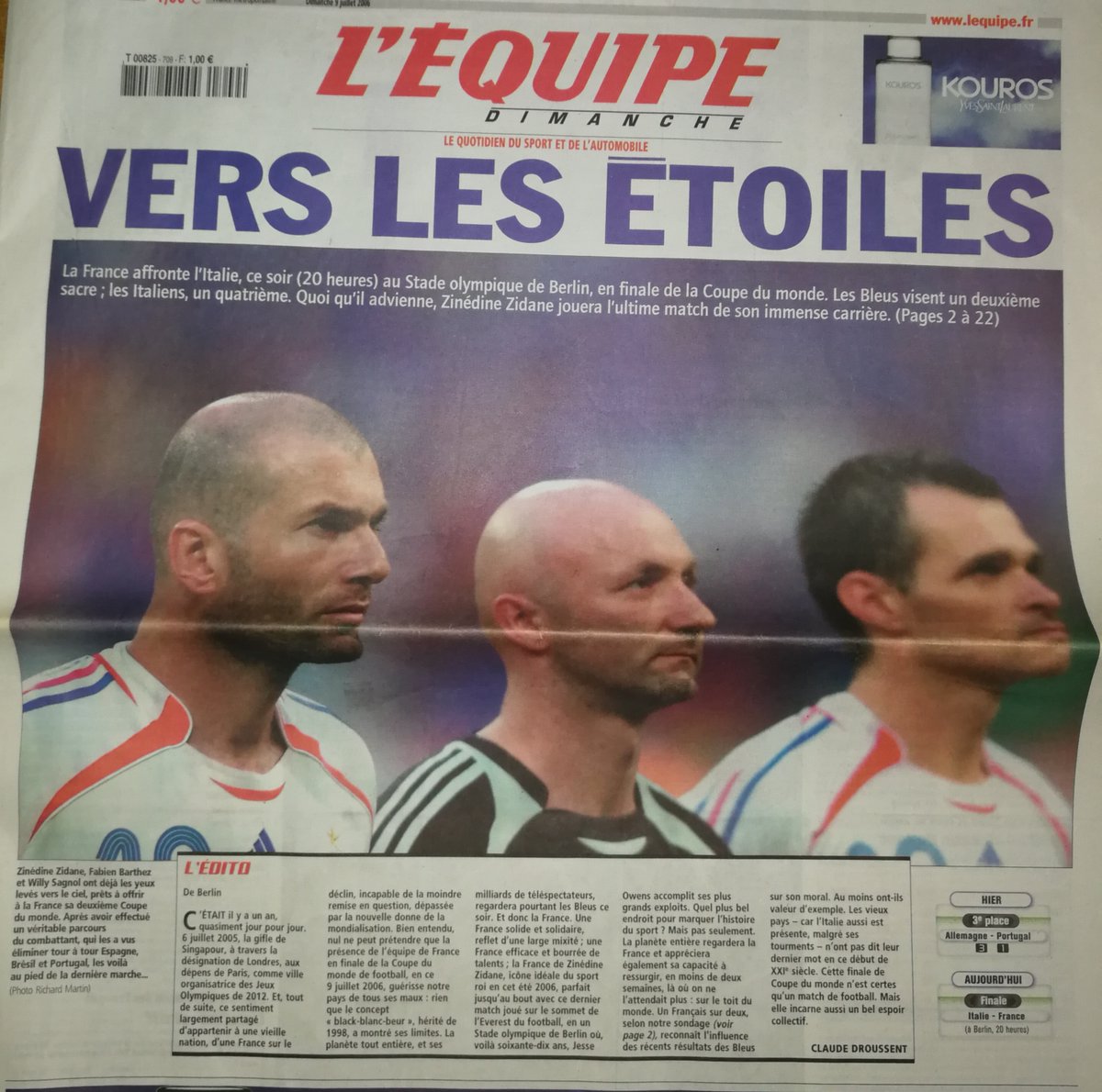 France/Italie9 juillet 2006Tu as des dates que tu retiens à vie. Celle-ci en fait évidemment partie.Cette sensation de se réveiller et de se dire qu'on va voir le soir une finale de Coupe du monde LOURDE... ah oui oui oui