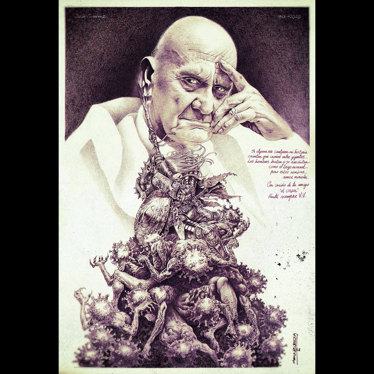 Hace escasos días que un gigante del medio y gran amigo personal nos dejo a causa del virus. Este es mi pequeño homenaje que, junto al de un enorme elenco de grandes artistas, formará parte de un libro en recuerdo de su figura. 

Graphite on paper 14" x 20"
