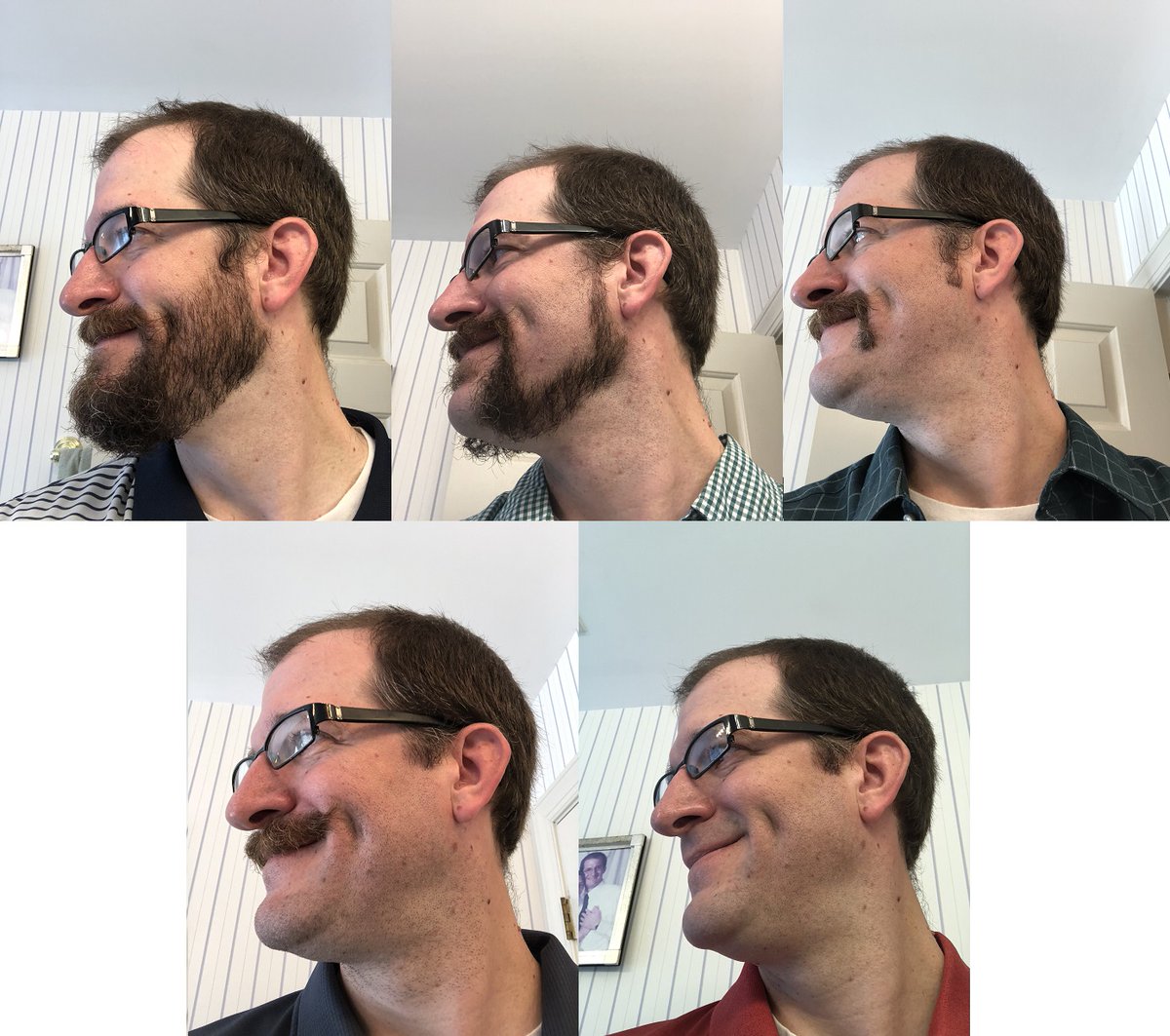 MitchCroatt's tweet photo. This semester I let the student who scored the highest on an exam choose my facial hair for a day. They chose a handlebar mustache, but I couldn't just do that. Here is the progression of fun I had last week! #facialhairfun @UNCG_CAS @uncg_chem @JZK60 https://t.co/5rtaytzTdw