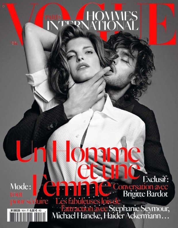 Vogue Hommes International Fall/Winter 2012, starring Stephanie Seymour and Marlon Teixeira. In addition to the obvious sexual gesture, he's holding her neck, which made people think that both sexual abuse and domestic violence were being romanticized. Terry Richardson shot it.