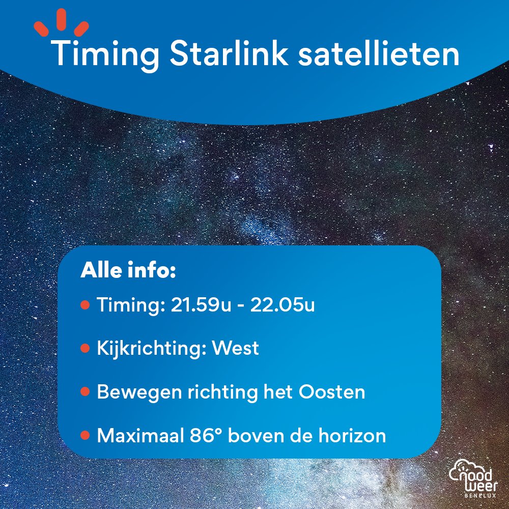 NoodweerBenelux's tweet image. De #klok tikt! Vanavond is er opnieuw een grote #kans om de #Starlink trein te zien passeren aan de #sterrenhemel! We hebben de meest praktische info voor u gebundeld. Extra informatie ook via onze site. bit.ly/starlinksatell… 🔥