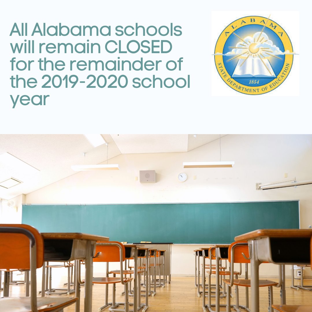 Alabama schools will not reopen this Spring and will remain closed the remainder of the 2019-2020 school year as #distancelearning continues throughout the state. 
.
.
#alsde #alabamaachieves #alschoolscontinuelearning