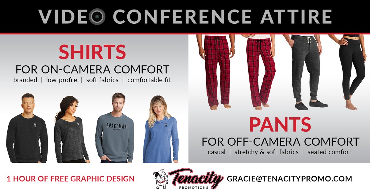 TenacityPromo's tweet image. Keep your #WFH #team feeling #comfortable and looking sharp with a soft, low-profile shirt (for #on-camera comfort) paired with some lounge or yoga #pants #offf-camera comfort). You could even add your #company #logo or team name to the #shirt!  #workfromhome #covid19 #video