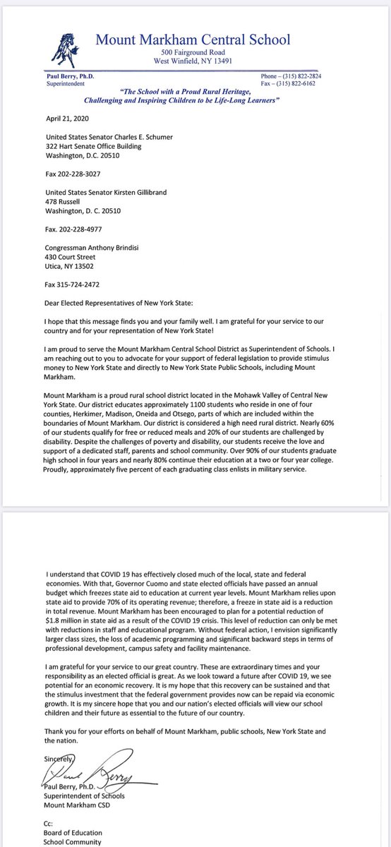 MountMarkhamCSD's tweet photo. Here is a letter shared with our federal representatives today to encourage action to support @MountMarkhamCSD and public schools throughout our region, state and nation! Consider sharing your own communication which expresses thanks and encourages action! #COVID19 #FedStimulus https://t.co/7LfNmZMiDK