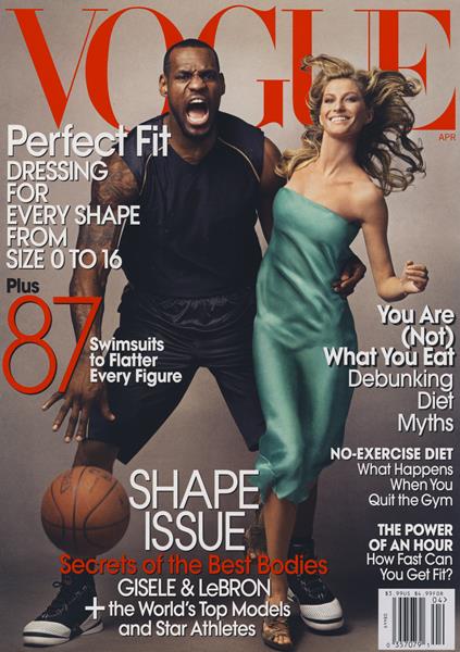Vogue U.S April 2008, starring LeBron James and Gisele Bündchen. LeBron became the first black man to appear on the cover of Vogue U.S. Many found it racist due to its resemblance to an old poster of King Kong and captive Fay Wray.