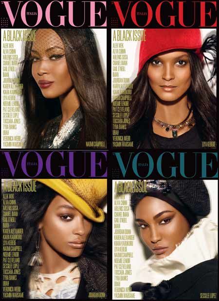Vogue Italia 'Black Issue' July 2008, starring Naomi Campbell, Liya Kebede, Jourdan Dunn and Sessilee López. It had 100 pages of black models, all shot by Steven Meisel. They created this issue to protest against the lack of black models in the industry.