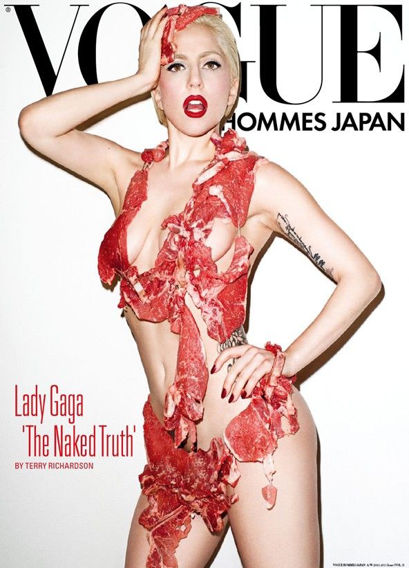 Vogue Hommes Japan September 2011, starring Lady Gaga. Do we need an explanation? It's real meat and was shot by Terry Richardson (disgusting). Although it was said to be a political statement, the response it received wasn't very good.