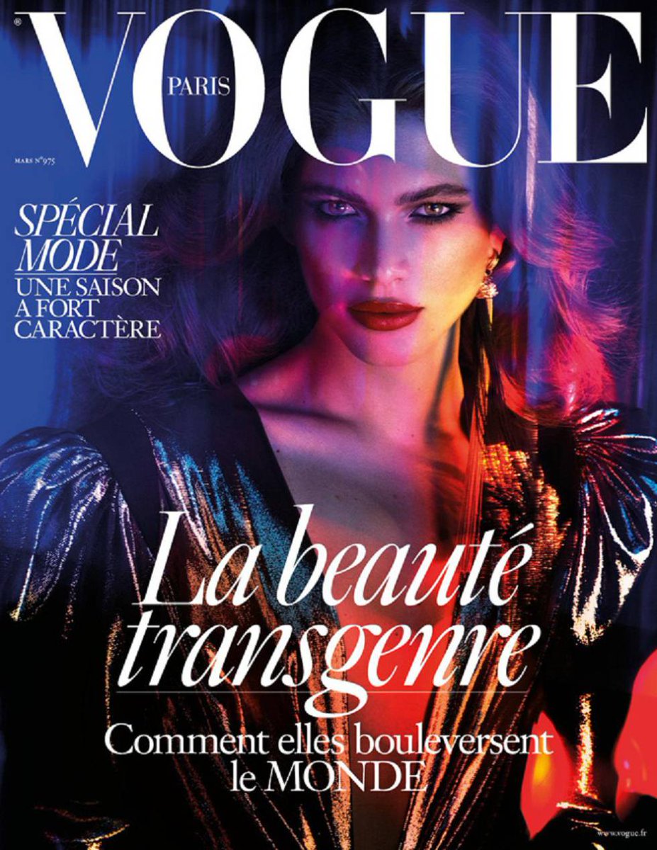 Vogue Paris March 2017, starring Valentina Sampaio. The Brazilian beauty became the very first transgender model on the cover of Vogue Paris. Although many applauded this, myself included, many others found her presence to be not a good example and that it'd confuse the children