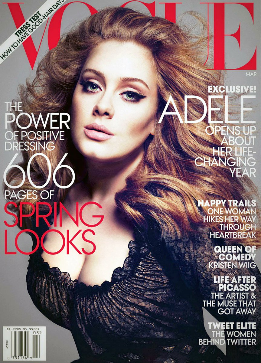 Vogue U.S March 2012, starring Adele. People thought it was 'too much Photoshop' on her face because of the airbrushed look but some others thought she also was looking skinnier and 'different'.