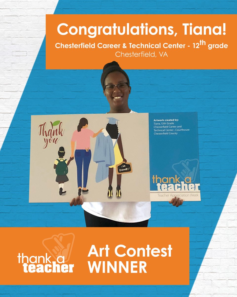 oneccps's tweet photo. Tiana, a senior at @CCPSCTE Courthouse, was selected as the high school winner for the @VirginiaLottery's Thank a Teacher art contest.  Tiana's winning design will be featured on thousands of note cards delivered to teachers. Congrats, Tiana! We're so proud of you! #oneCCPS https://t.co/dUaMlraIK0
