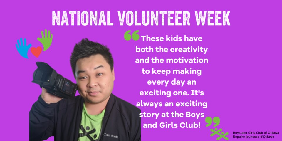 bgcottawa's tweet photo. HAPPY NATIONAL VOLUNTEER WEEK! 💚

We'd like you to meet Sam, a marketing &amp; media professional who volunteers at the Tomlinson Family Foundation Clubhouse! 📸

A HUGE thank you to Sam and all of our volunteers this week - we appreciate you! 🙌 https://t.co/oiBdhEJLWm