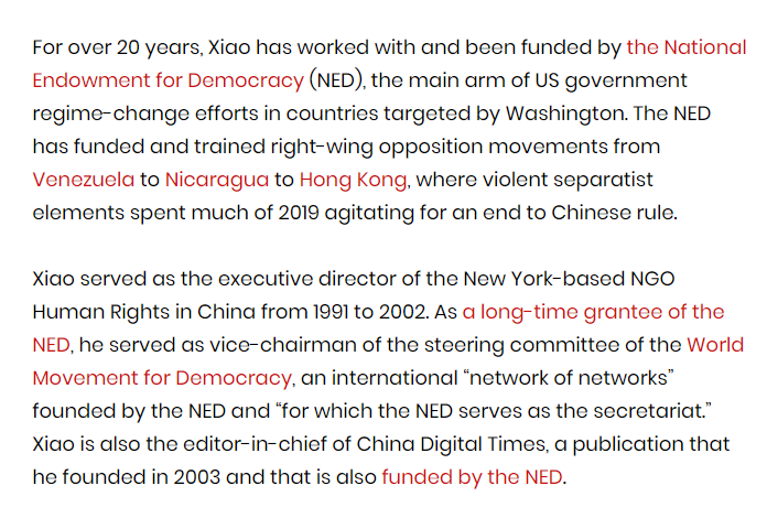 . @joshrogin also conveniently omitted that for over 20 years, "research scientist" Xiao has worked with and been funded by the National Endowment for Democracy (NED), the main arm of US government regime-change efforts in countries targeted by Washington.