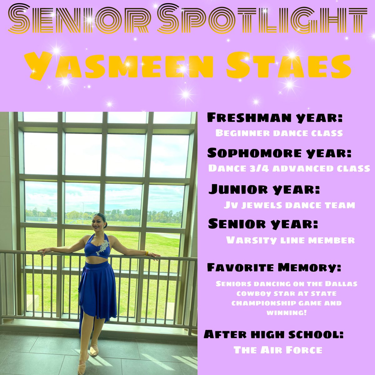 Today’s Senior Spotlight goes to Rookie, Yasmeen Staes! Thank you for your hard work and dedication over the past four years! Your talent, dedication, and determination are just a few of the things we admire about you! Oh...and your turns! We love you YASMEEN💙✨