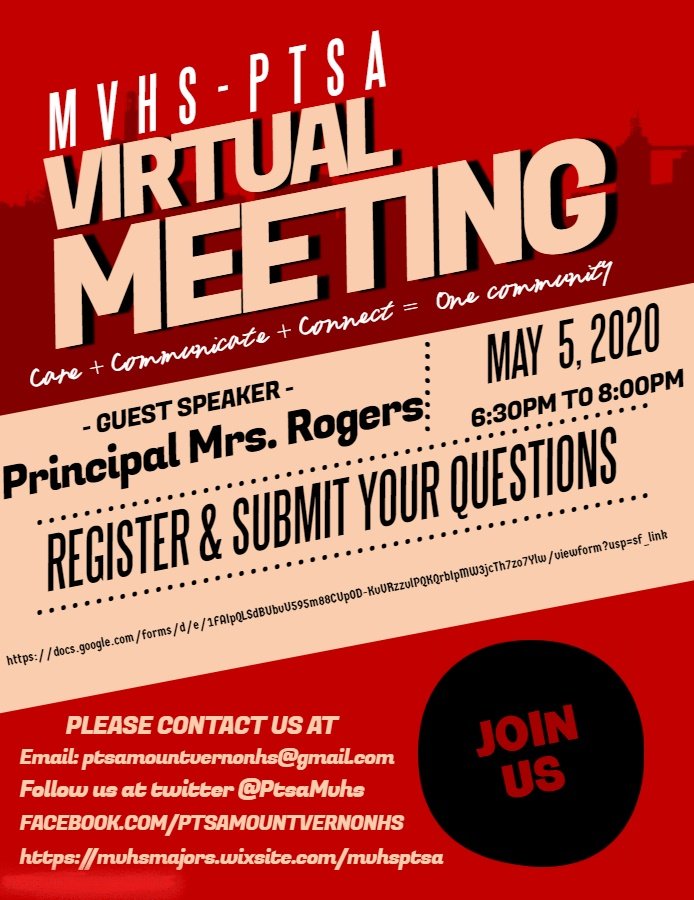 PtsaMvhs's tweet photo. MVHS PTSA Virtual Meeting on Tuesday May 5th, 2020 6:30PM to 8:00PM
Please register using the link below to receive virtual meeting link.

https://t.co/GNw0JpQ7Z3 https://t.co/niNbzW3krU