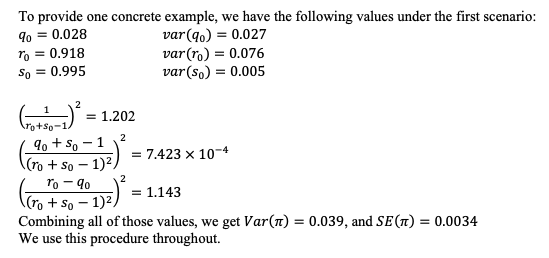 The errors are not debatable and can be seen in these two screenshots of the supplement: 0.0034, the standard error meant to measure uncertainty about prevalence pi, is not the square root of 0.039, and the variance of a binomial estimate of proportion depends on the sample size.
