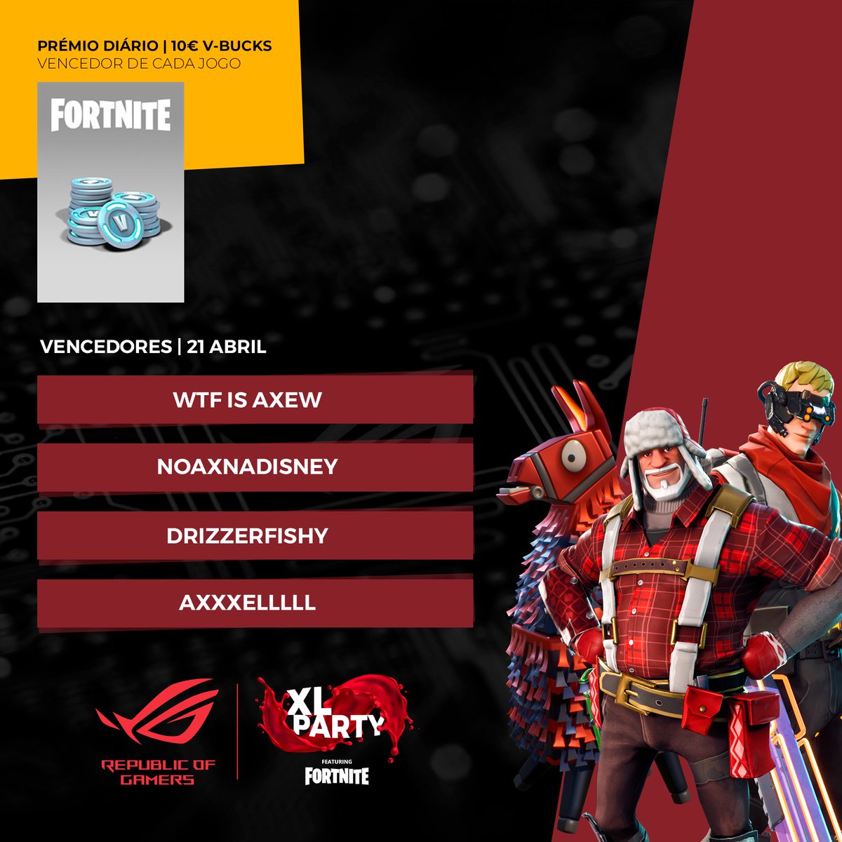 Terminado o 2º dia de competições estes são os vencedores dos 10€ em V-BUCKS do dia!! O <a href="/asusrogpt/">asusrogpt</a> XLParty oferece todos os dias prémios ☺️☺️ De que estás à espera para participar? 

#XLParty