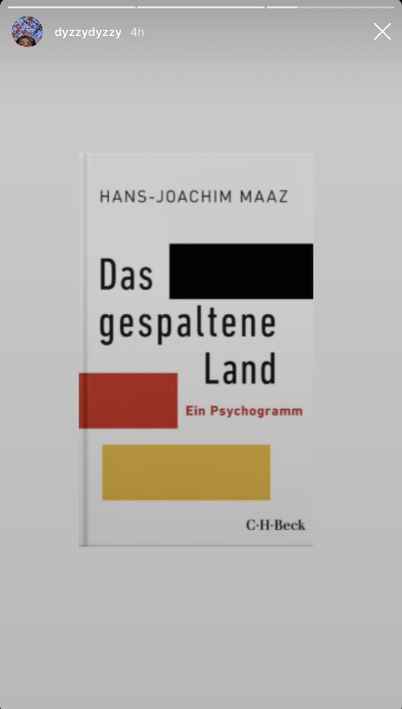 Es handelt sich um das Buch "Das gespaltene Land" von Hans Joachim Maaz, welches bereits von ihrem Partner, Ardian Bora aka. Ardy, auf Instagram empfohlen wurde.