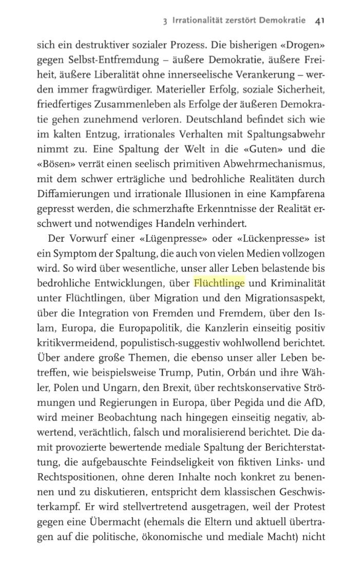 In diesem Buch erklärt der Autor, der Begriff "Lügenpresse" sei nur Symptom davon, dass u.a. über "Flüchtlinge und Kriminalität", "Integration von Fremden und Fremdem" und "Islam" "nur einseitig positiv kritikvermeidend und populistisch-suggestiv wohlwollend" berichtet würde.