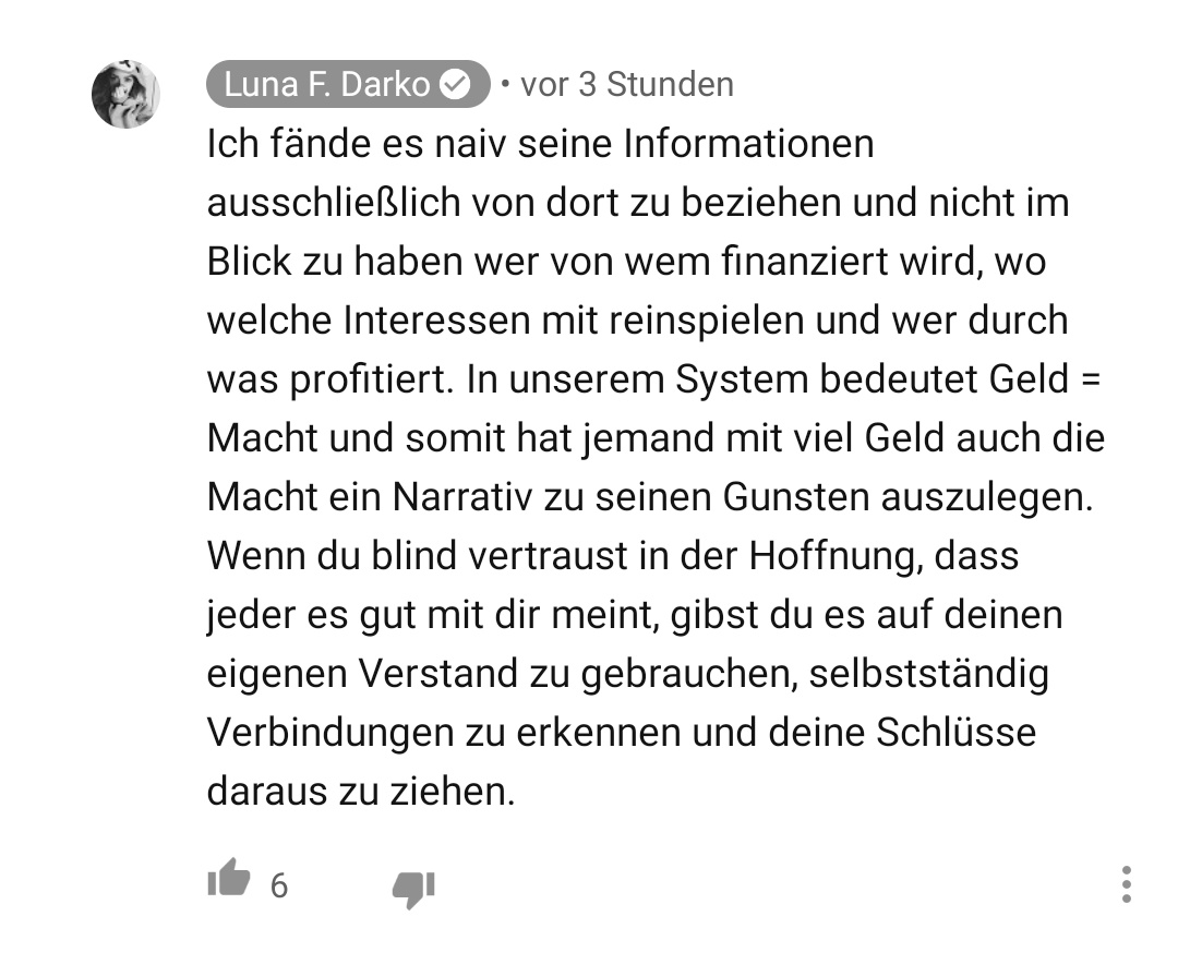 Auch zum öffentlich rechtlichen Rundfunk hat Luisa Franziska Riegert bereits erste Verschwörungsthesen verinnerlicht.Einen Kommentar, in dem "Linksextreme" als "Faschisten" bezeichnet werden, gefällt Luisa. Der AfD ganz sicher auch.