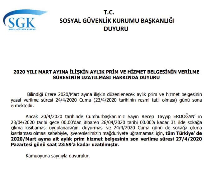 mercanhdyt's tweet photo. Mart ayına ilişkin Aylık Prim Ve Hizmet Belgesinin son verilme süresi 27/04/2020 Pazartesi günü saat 23:59’a kadar uzatılmıştır.
#SGK #APHB #EvdeKal
#SnZümrütSGKyaBİNdenetmen https://t.co/H7bWCn8jIP