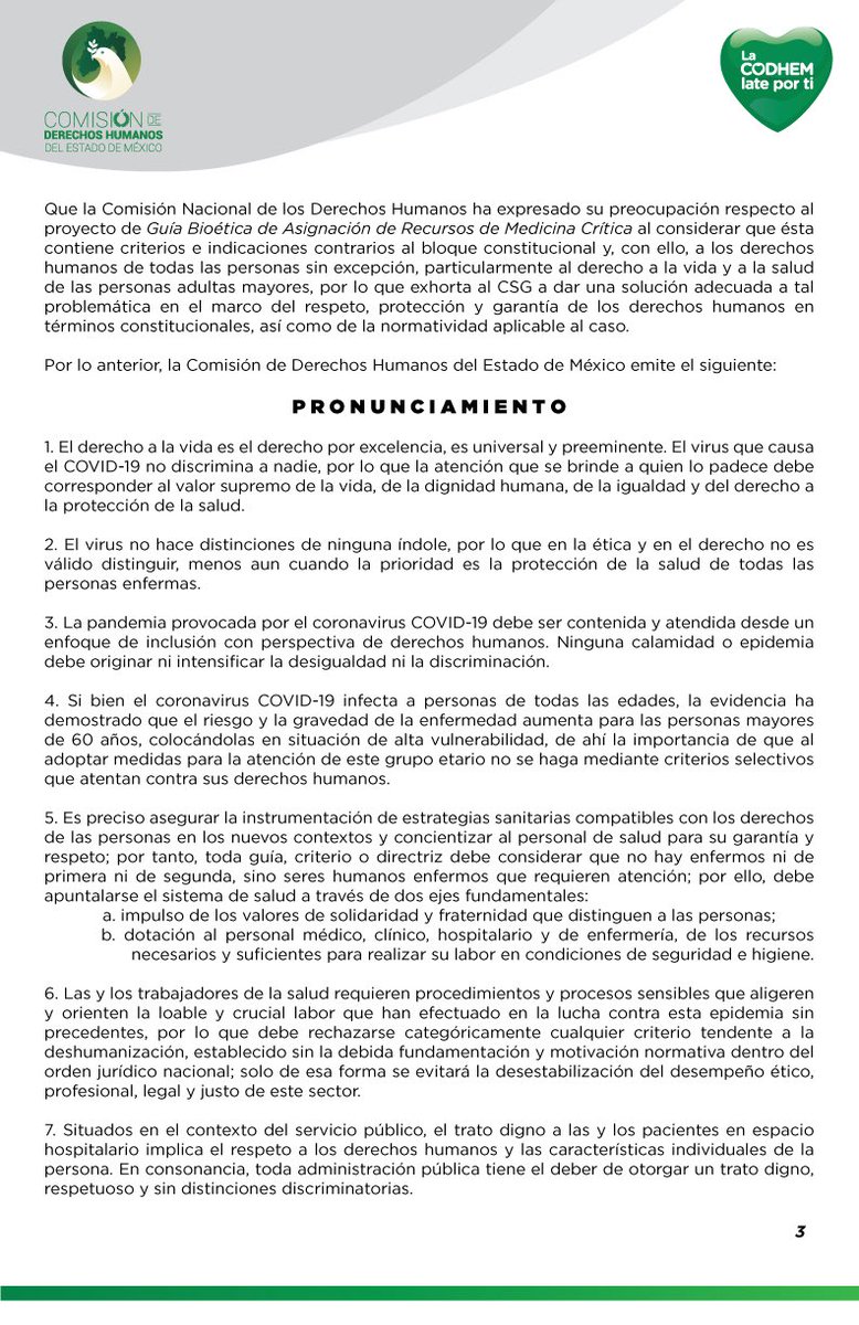 CODHEM's tweet photo. El derecho a la vida es universal y preeminente. Ante la pandemia del #COVID_19, el proyecto de la Guía Bioética de Asignación de Recursos de Medicina Crítica y por el derecho a la protección de la salud, esta Defensoría emite el siguiente #PRONUNCIAMIENTO: https://t.co/qr16zxdJZG