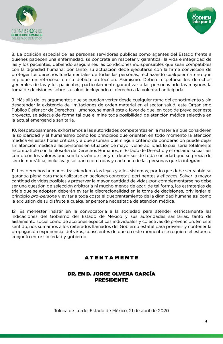 CODHEM's tweet photo. El derecho a la vida es universal y preeminente. Ante la pandemia del #COVID_19, el proyecto de la Guía Bioética de Asignación de Recursos de Medicina Crítica y por el derecho a la protección de la salud, esta Defensoría emite el siguiente #PRONUNCIAMIENTO: https://t.co/qr16zxdJZG