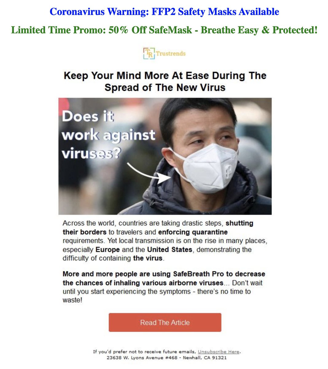 Other emails were entirely unsolicited. Ray Shell (pic), an American stage actor and author, received this message in early April. He knew it was spam but was anxious about  #COVID19. So he payed $40 for two SafeMasks. (Respirators like these typically cost less than $1.)