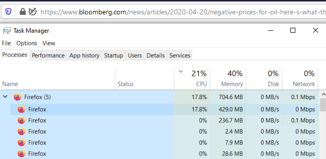 MalwareJake's tweet photo. Dear media outlets, 
Curious why people use ad blockers? Here's why: the shitty ads you allow on your sites are out of control.

I have one tab open, to @business and I'm at a consistent 17.5%+ on an i7-8750H? What the heck is your site doing? Anyway, here's the before and after. https://t.co/7cVxMKyBXx