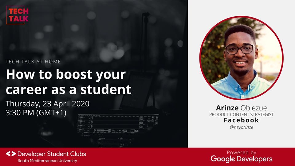dsc_smu's tweet photo. Join us on our Tech Talk At Home with @heyarinze , Product Content Strategist at @Facebook , Thursday April 23rd at 3:30pm (GMT+1) π
#TechTalk #DSCSMU #MENADD #DeveloperStudentClubs https://t.co/gTs9SN4fHd