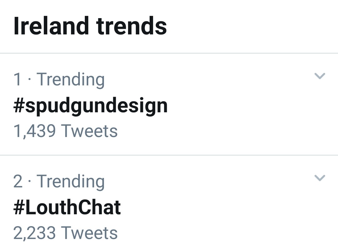 Louthchat's tweet photo. Both hashtags still Trending
@StephenDulla No 1
@Louthchat No 2
in Ireland
#LouthChat
#SpudgunDesign https://t.co/jh1PmoAVqx