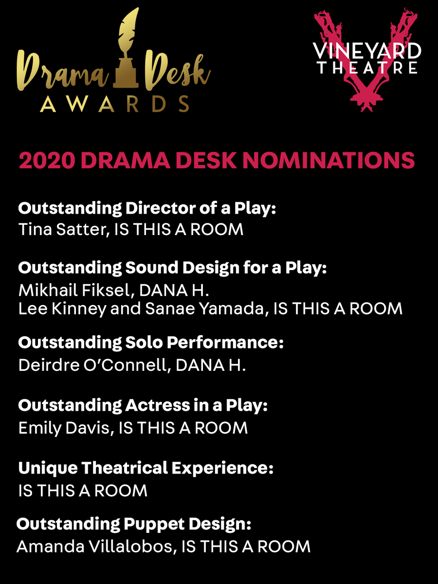 vineyardtheatre's tweet photo. What a week - this year's nominations from @DramaDeskAwards! #IsThisARoomVT #DanaHPlay https://t.co/MudZVhsmkf