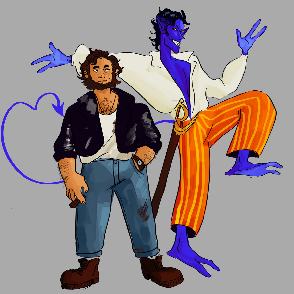 I wanna do a serie of redesign/fanart of my favourite xmen so here's the first pairI wanted to acentuate nightcrawler's pirate love and his circus artist past, and logan's just a chonky dirty manAlso I liked having contrast in their body shapes