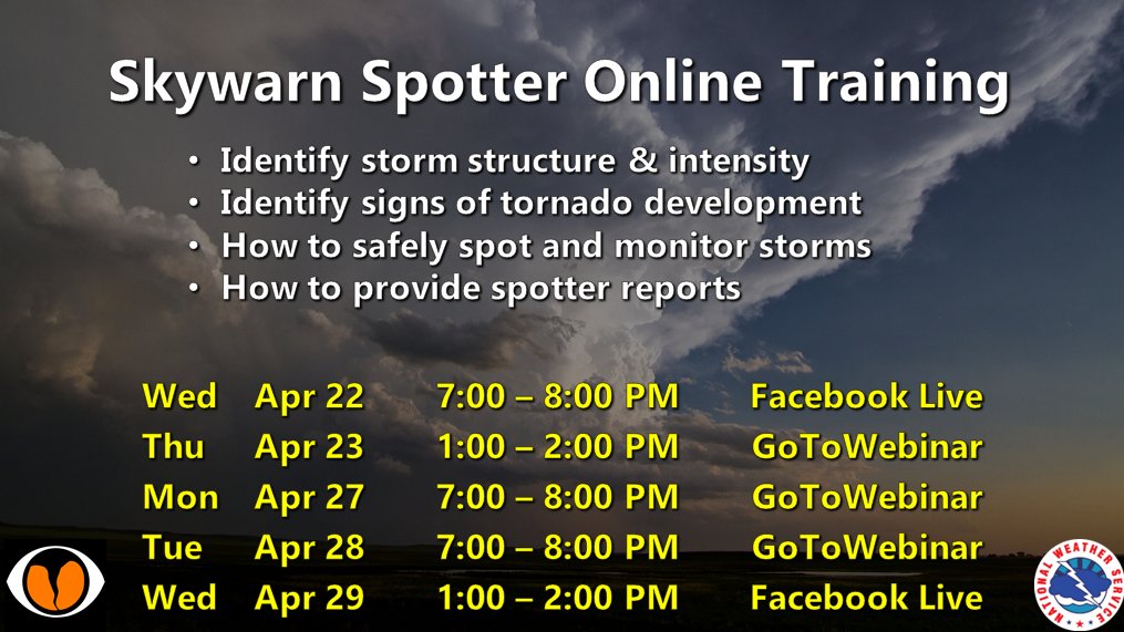 🌩The first Skywarn Spotter online training session is this Wednesday, April 22nd at 7pm on Facebook Live!🌪

Do you want to learn how to become a storm spotter? Or need refresher training? Learn more &amp; sign up for a virtual Skywarn Spotter session at weather.gov/mpx/OnlineSkyw…