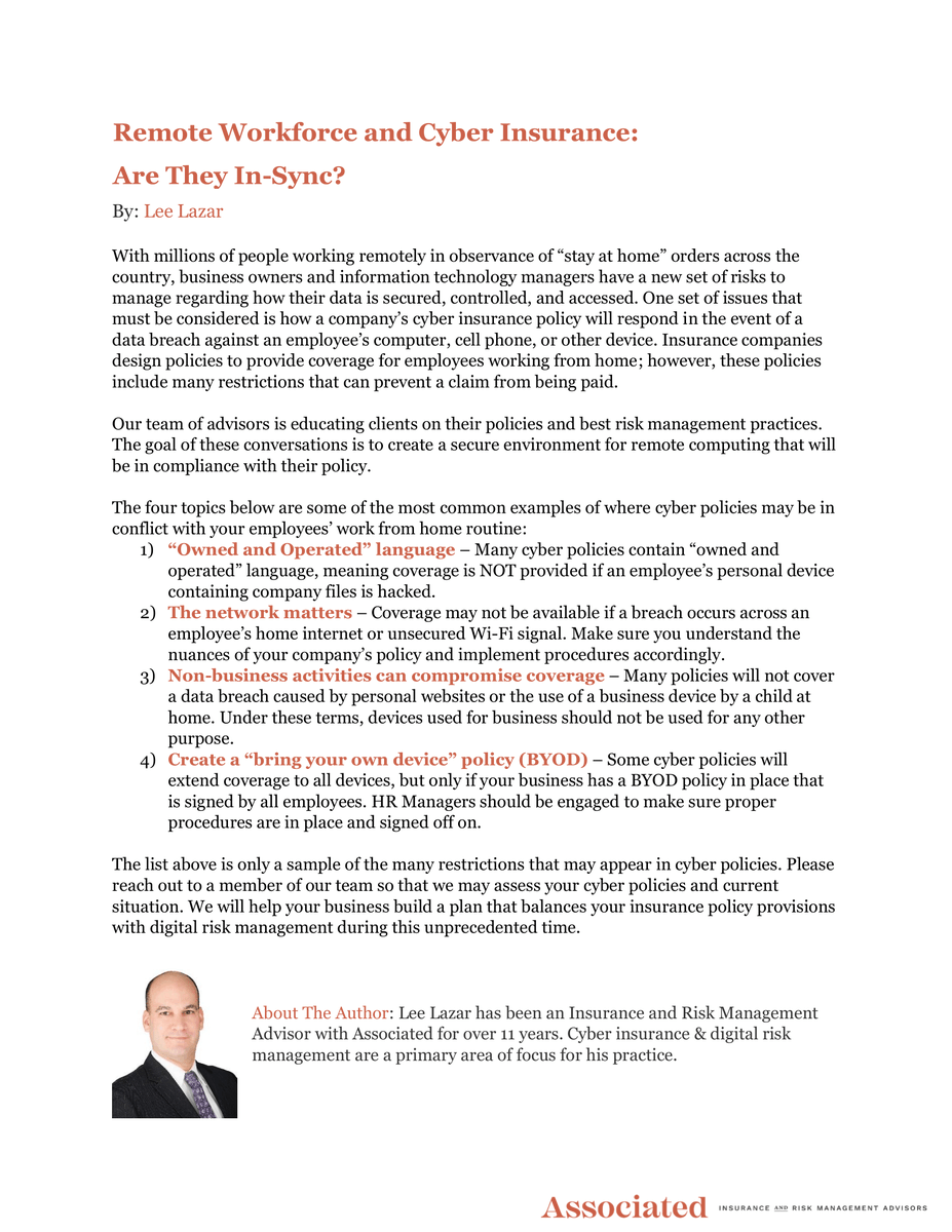 Understanding your company's cyber insurance policy is more important than ever as the workforce shifts toward remote platforms. Our digital risk advisor Lee Lazar outlines key policy considerations.

#cybersecurity #datasecurity #cyberinsurance #riskmanagement