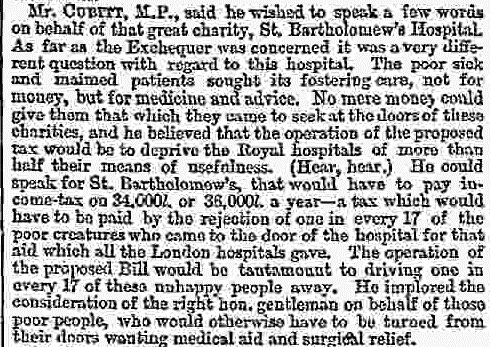 This bit of detail on “Mr Cubitt, MP” & his emotive plea on behalf of St Bart’s hospital is interesting in how it's framed in terms of effect on the charity’s beneficiaries rather than effect on the org itself (presumably this was seen as more likely to play w/ Gladstone?) 6/