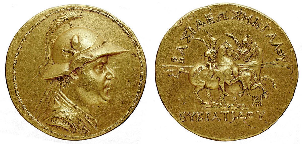 Being thinking about coins and coloniser/colonised identities a bit today. Coins of Greco-Bactrians in today’s Afghanistan are famous for their size and quality - like this glorious gold stater of Eukratides I, the largest known gold coin from the Greek world /1