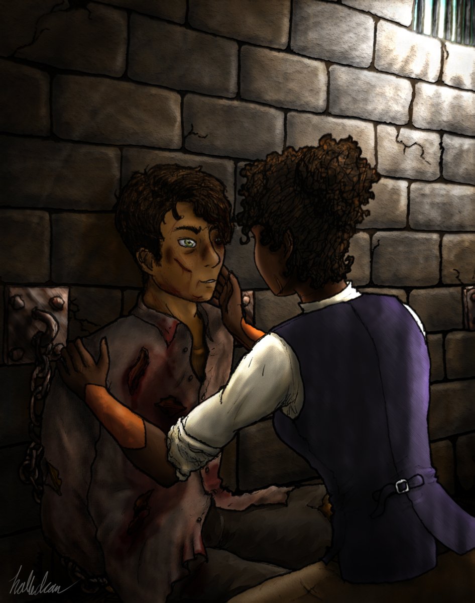 halledean's tweet photo. "You're here." "You're alive!"
From a scene in my work-in-progress novel series, The Torn Asunder Trilogy. Tristan did not have a fun time.
Drawn with Copic Multiliners and colored in Adobe Photoshop on a Huion Kamvas Pro 13 Pen Display.
#tornasunder #art #originalcharacters https://t.co/oUY3YHGQkw