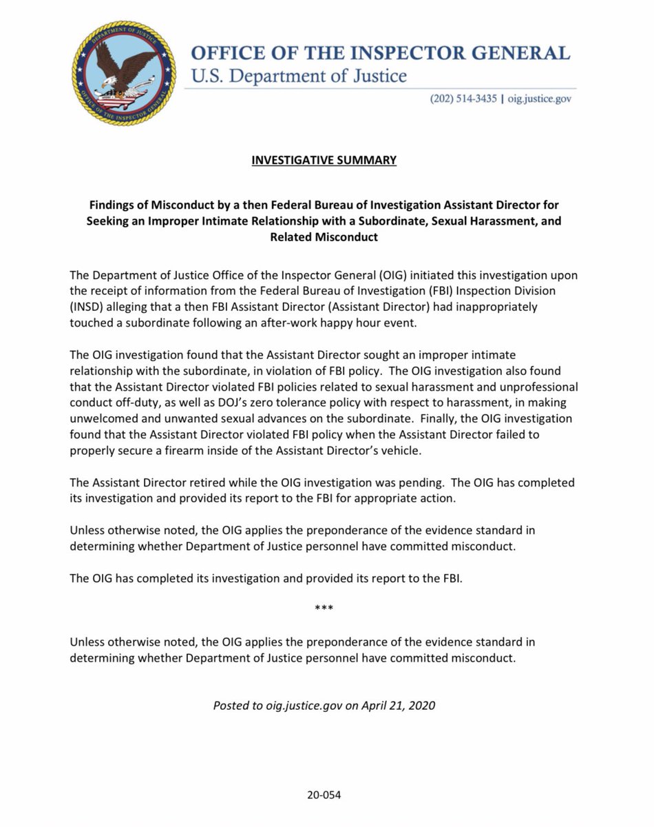 What in Sam Hill do we have here?! Released Quietly this Morning:OIG Findings of Misconduct by then Assistant Director of FBI- Seeking Improper Sexual Relationship with a Subordinate- Sexual Harassment, and - Related Misconduct